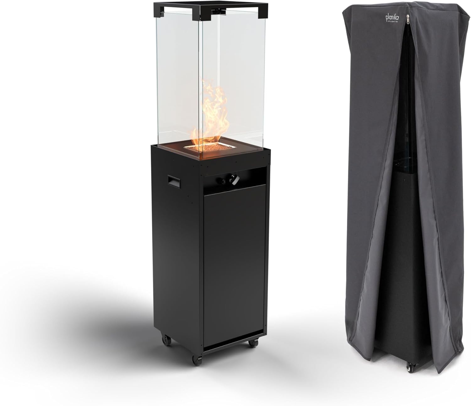 Planika Faro 41 000 BTU Propane Patio Heater 59" Modern Freestanding Glass Tower with Wheels  Smokeless 360° Flame  Cover & Regulator Included for Commercial & Residential Outdoor Spaces