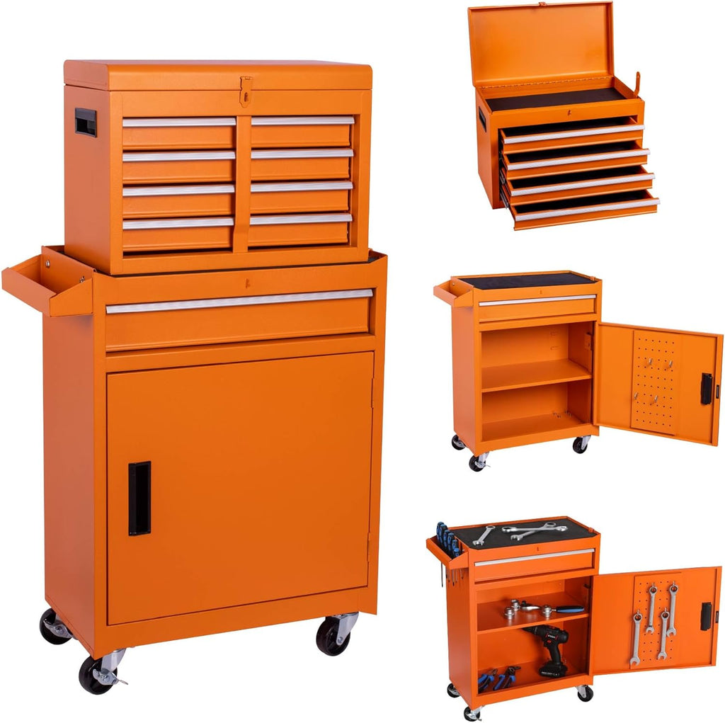 5 Drawers Tool Cart on Wheels with 1 Cabinet, Multifunctional Removable Rolling Tool Box Storage Set, Tool Trolley Organizer Tool Chest for Garage,Repair Shop,Warehouse,Workshop (Orange)