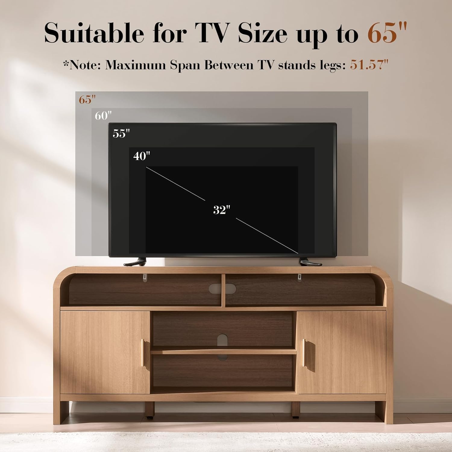 TV Stand for TVs Up to 65'' - Unique Curved Profile, FSC-Certified Wooden Board Entertainment Center with Adjustable Shelves and Storage Cabinet Modern Media Console for Living Room