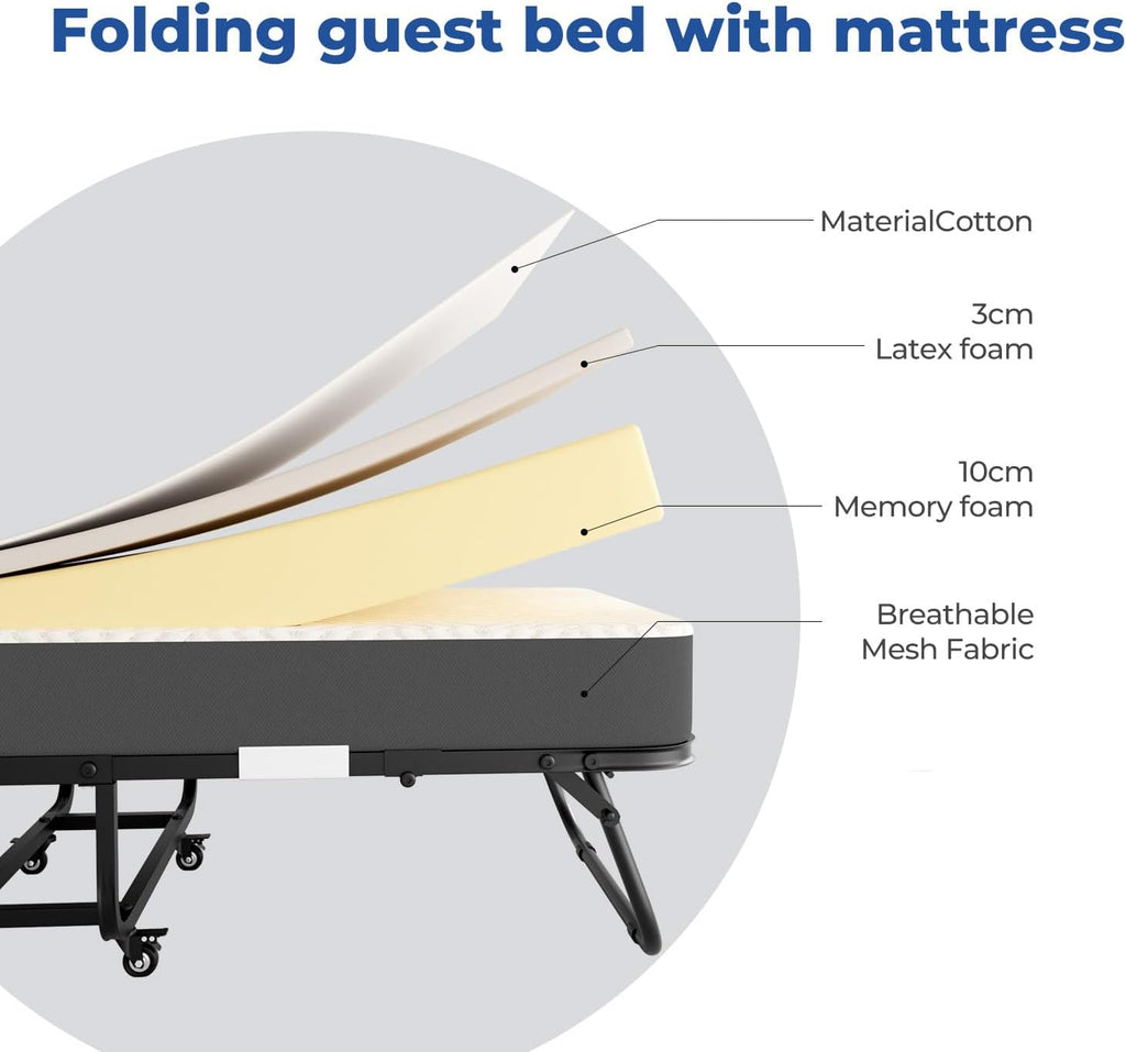79" x 37" Twin Size Folding Bed for Adults with 5.2" Mattress, Sturdy Portable Foldable on Wheels with Storage Cover, Folding Guest Bed, Rollaway Bed with Metal Frame, Cot Size Extra