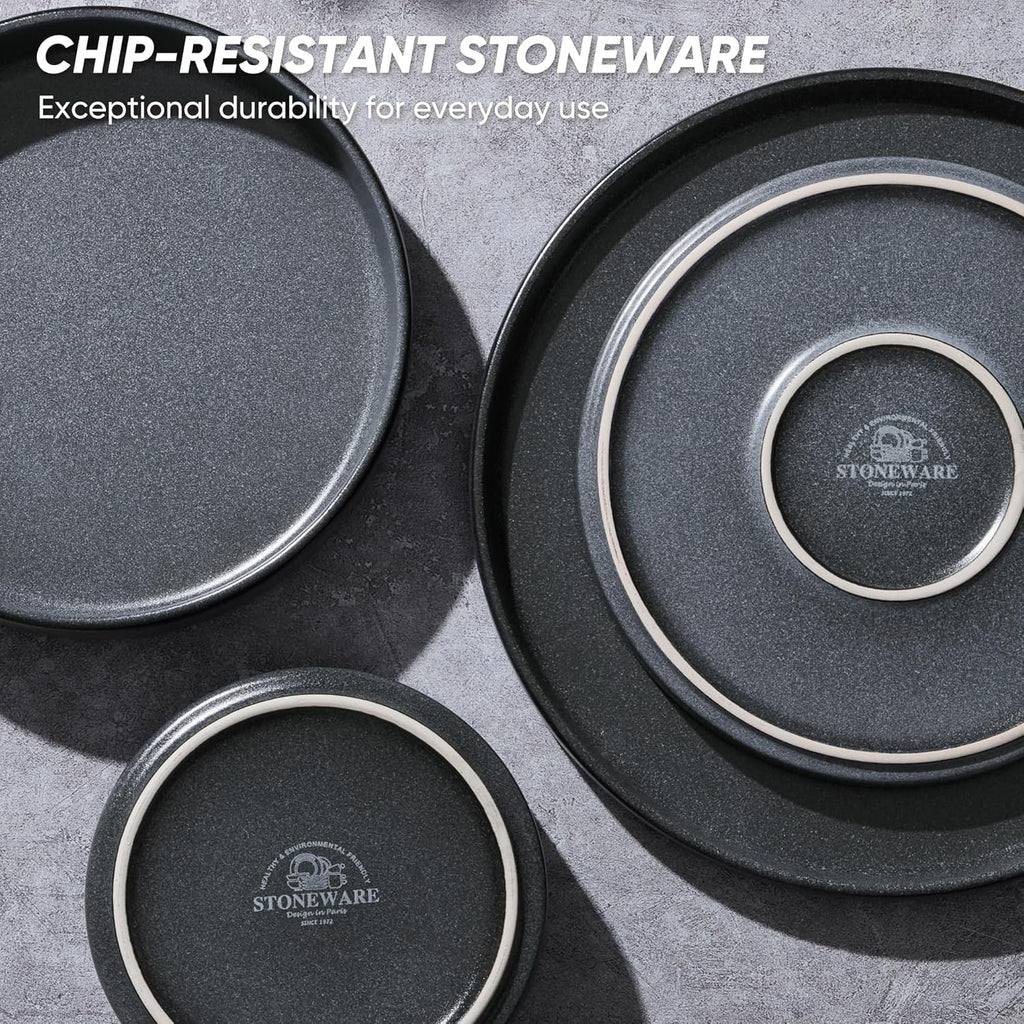 E-far 16-Piece Plates and Bowls Sets - Stoneware Dinnerware Sets with Pasta Bowls for 4 | Microwave & Dishwasher Safe Kitchen Modern Dish Set, Deep Gray