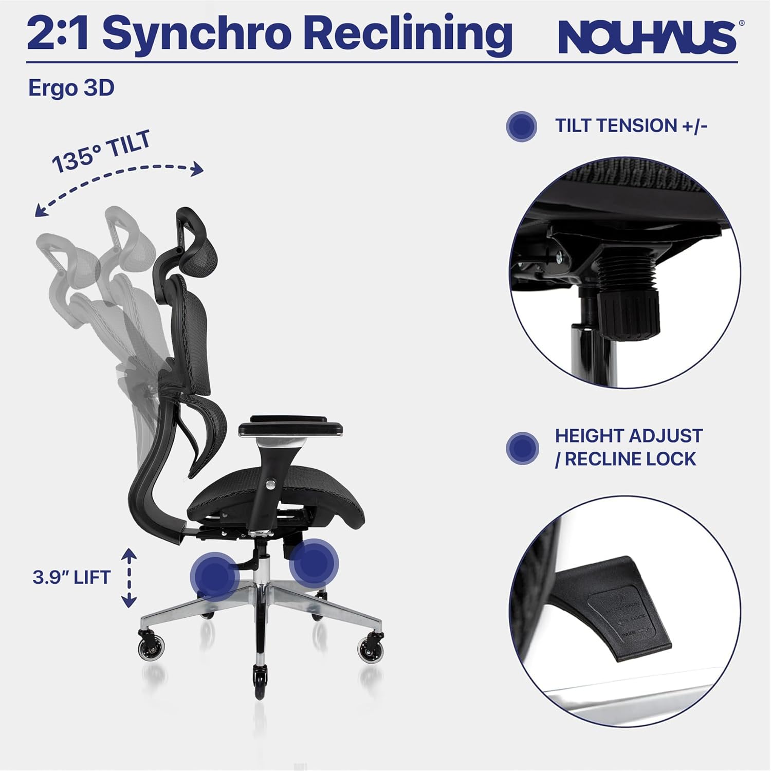 Nouhaus Ergo3D Ergonomic Office Chair Lumbar Support Mesh Office Chair with 4D Adjustable Armrest, Adjustable Headrest and Wheels, Mesh High Back Home Office Desk Chairs(Black)