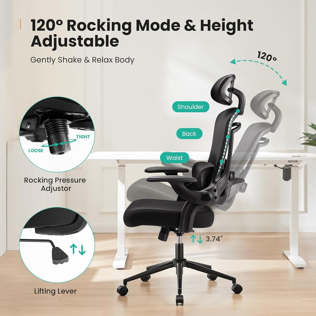 Sweetcrispy Office Chair Ergonomic Desk Chair, 300 LBS Home Mesh Office Desk Chairs with Wheels, 2D Headrest, Up&Down Lumbar Support, Swivel High Back Computer Chair with Flip-up Armrests,Dark Black