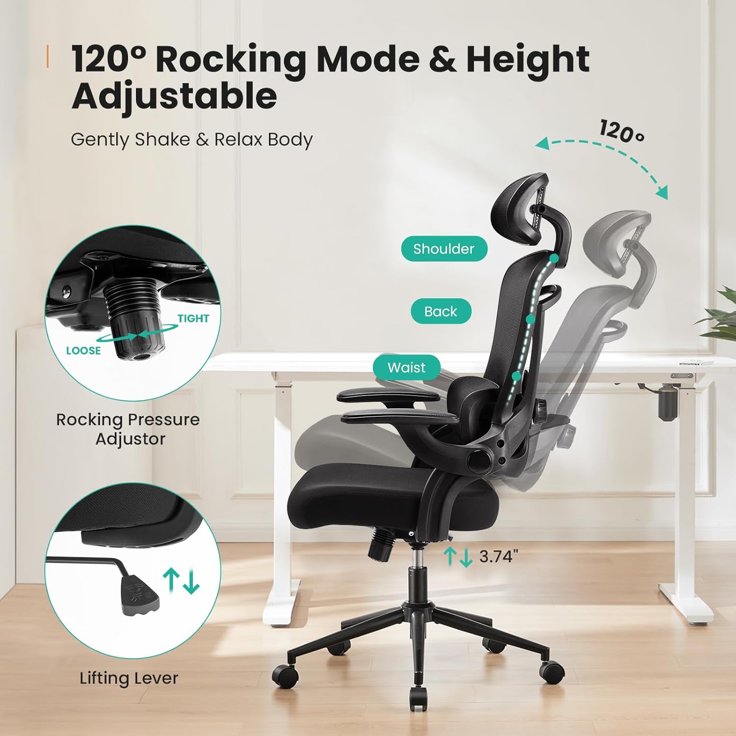 Sweetcrispy Office Chair Ergonomic Desk Chair, 300 LBS Home Mesh Office Desk Chairs with Wheels, 2D Headrest, Up&Down Lumbar Support, Swivel High Back Computer Chair with Flip-up Armrests,Dark Black