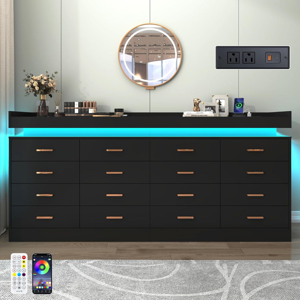 16 Drawer Dresser with LED Light and Charging Station, Modern Chest of Drawers for Closet, Wide Drawer Organizer Cabinet, Living Room, Entryway, Hallway, Black