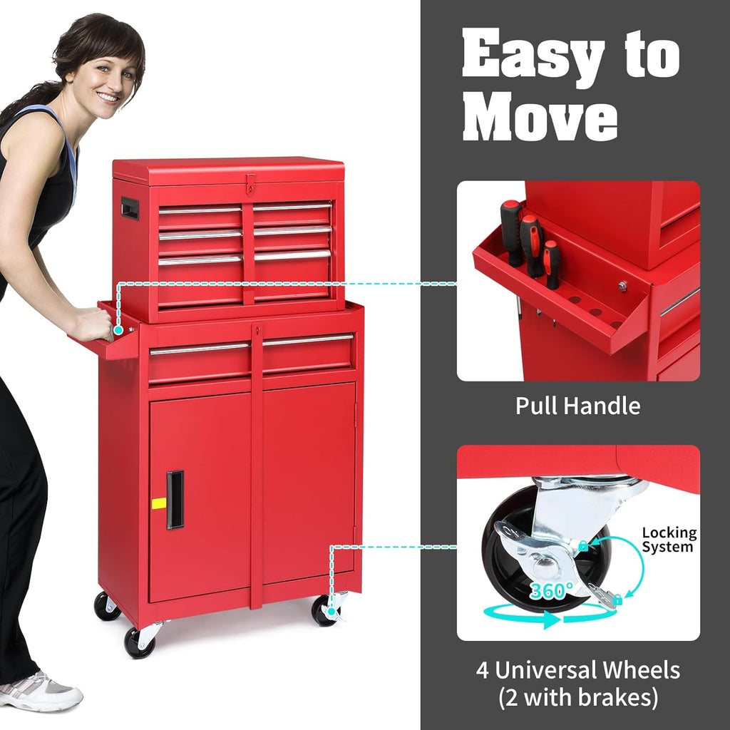 Winado 4-Drawer Rolling Tool Chest with Wheels & Lock, Tool Box with Large Storage Cabinet and Adjustable Shelf, Removable Portable Top Box for Garage, Warehouse, Factory (Red)