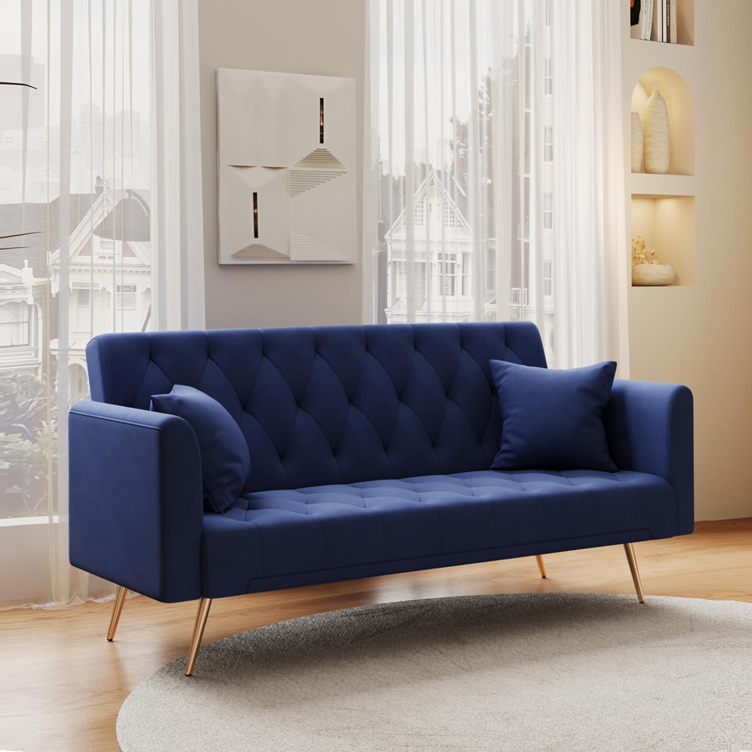 Anwick 72" Modern Velvet Sofa Bed Futon,Convertible Folding Sleeper Bed Couches with 3 Adjustable Backrests,Tufted Recliner Loveseat with Golden Chrome Legs for Small Living Room Office (Blue)