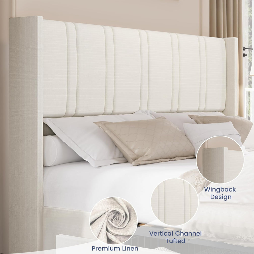 King Size Bed Frame with 4 Storage Drawers Linen Upholstered Platform Bed with Wingback Headboard, No Box Spring Needed, Easy Assembly, White