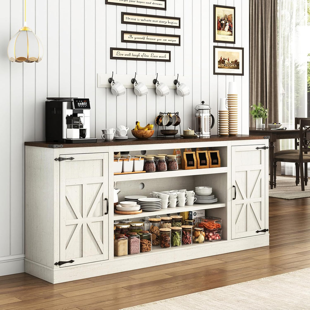 75" Farmhouse TV Stand with Power Outlets for 85 Inch TVs, 33" Tall Entertainment Center with Storage Cabinets w/Adjustable Shelves, Rustic Large TV Media Console, Rustic White