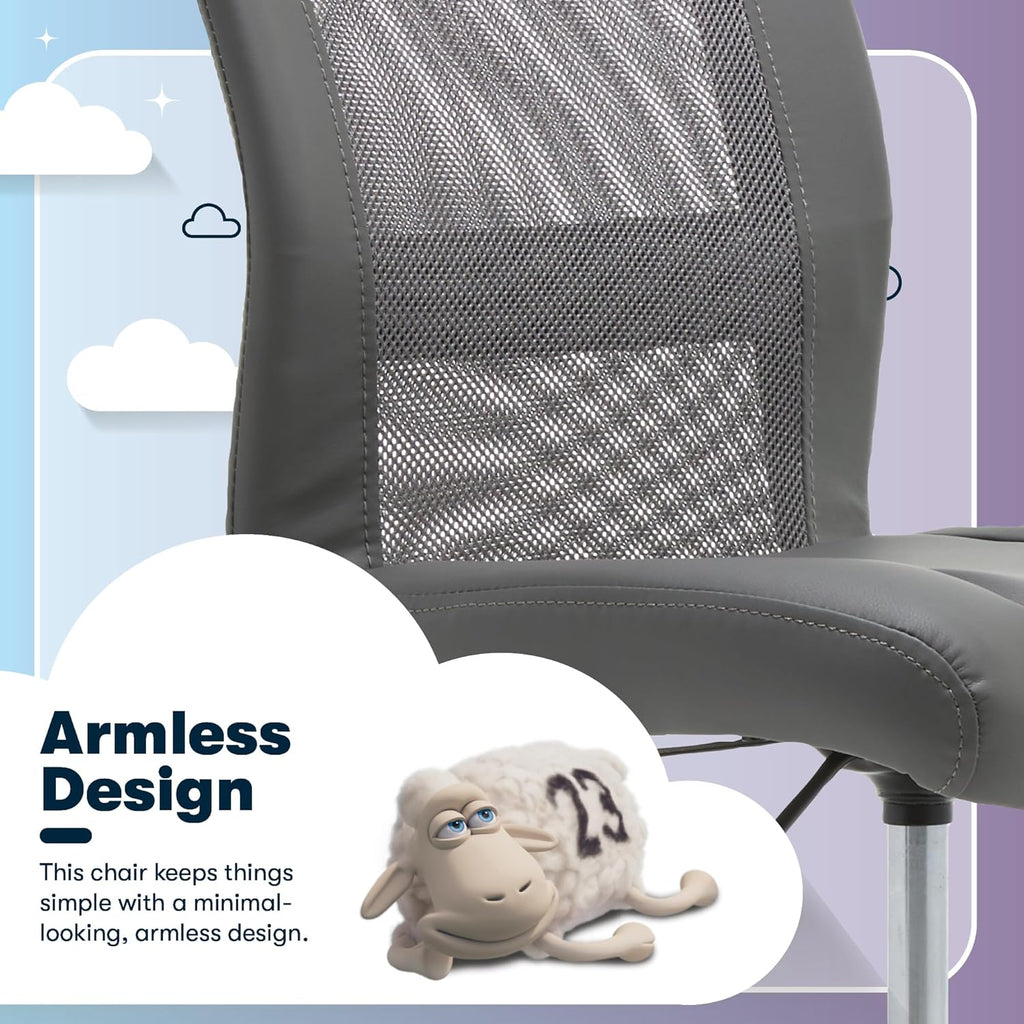 Serta Essential Armless TaskChair, Small Desk Chairs with Wheels, Breathable Mesh Back and Faux Leather, Quality Foam Cushion Seat for Comfort, Minimal Design for Vanity Table, Gray