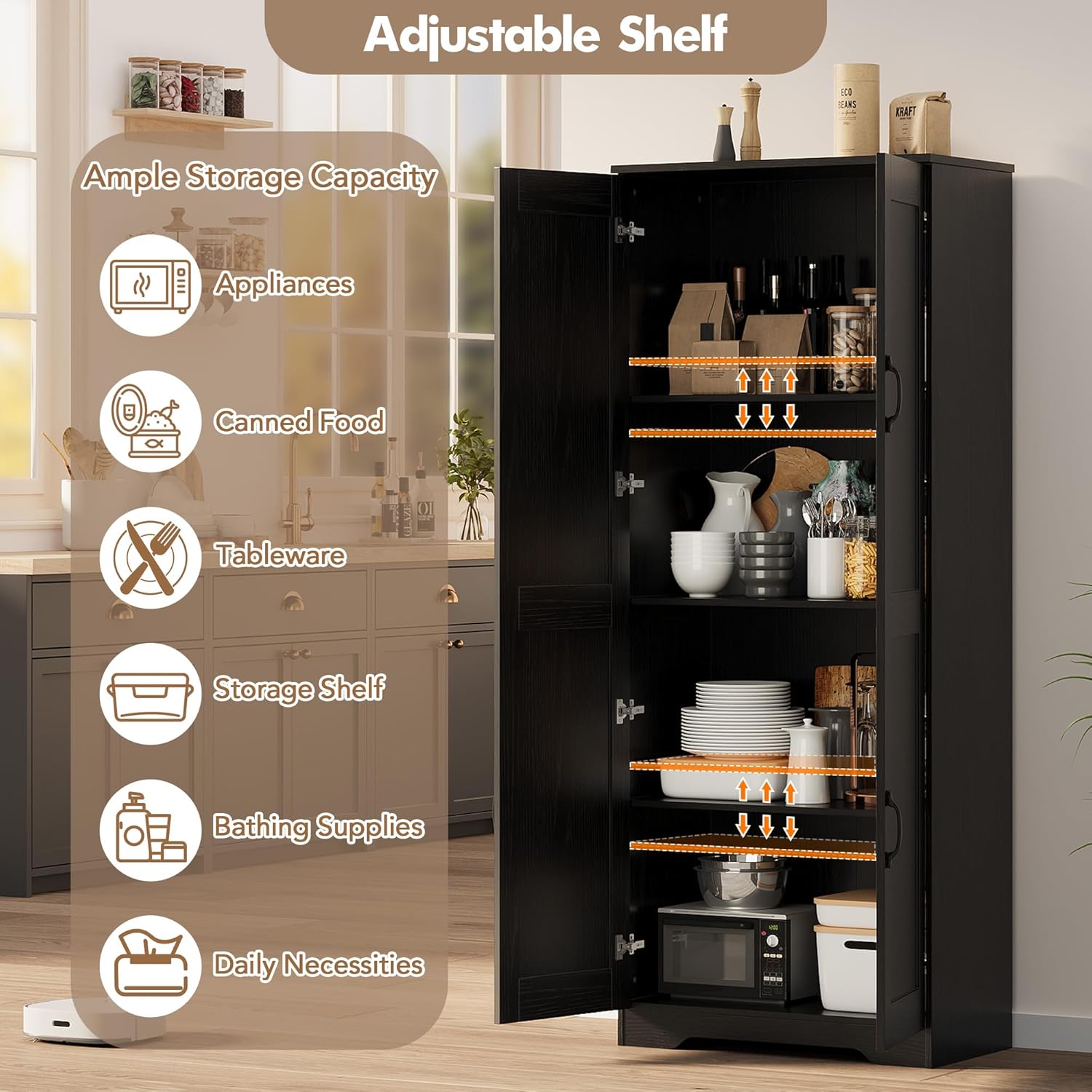 IDEALHOUSE Tall Pantry Cabinet, 60" Kitchen Pantry Storage Cabinet with 2 Doors and Adjustable Shelves, Freestanding Kitchen Cabinet, Cupboard for Dining Room, Bathroom, Antique Black