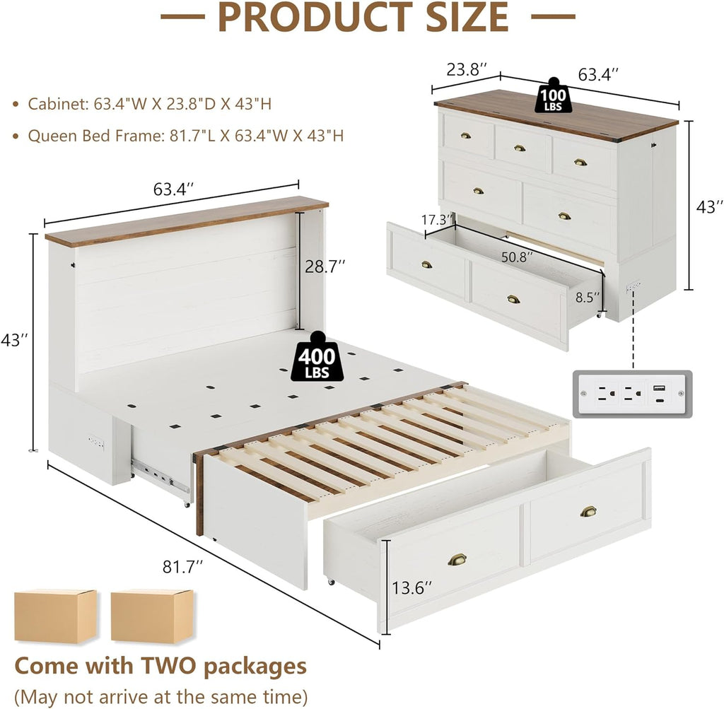 AMERLIFE Queen Size Murphy Bed, Farmhouse Wooden Cabinet with Charging Station and Storage Drawer for Bedroom/Office/Guest Room, White+Barnwood