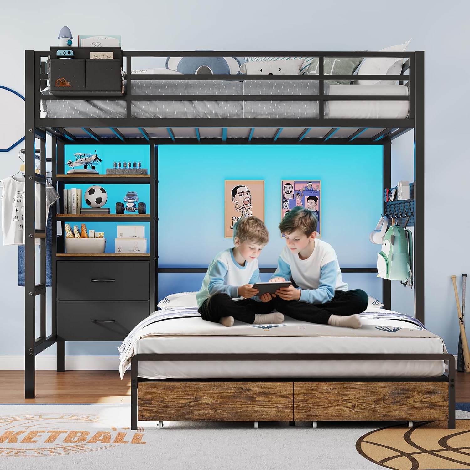 DICTAC Twin Over Full Bunk Bed with 4 Storage Drawers and 3-Tier Open Bookshelf Metal Bunk Bed with LED Lights,Charging Station and Pegboard,L-Shaped bunk Beds with Safety Guardrail and Ladder,Black