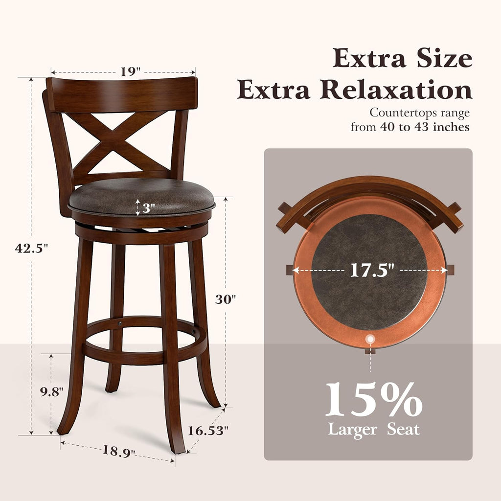 ALPHA HOME Swivel Bar Stools with Backs, 30 Inch Bar Stools Set of 2, Wooden Bar Stools, 360 Degrees Swivel Chairs with Upholstered, Wrap-Around Footrest for Pub, Kitchen, Dark Cherry/Fondant
