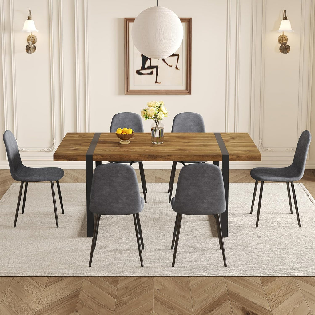 Dining Table Set for 6, Modern 71'' Dark Wood Dining Table and Fabric Dining Chairs Set of 6,Table and Chairs Set of 6,Ideal for Kitchen Dining Room