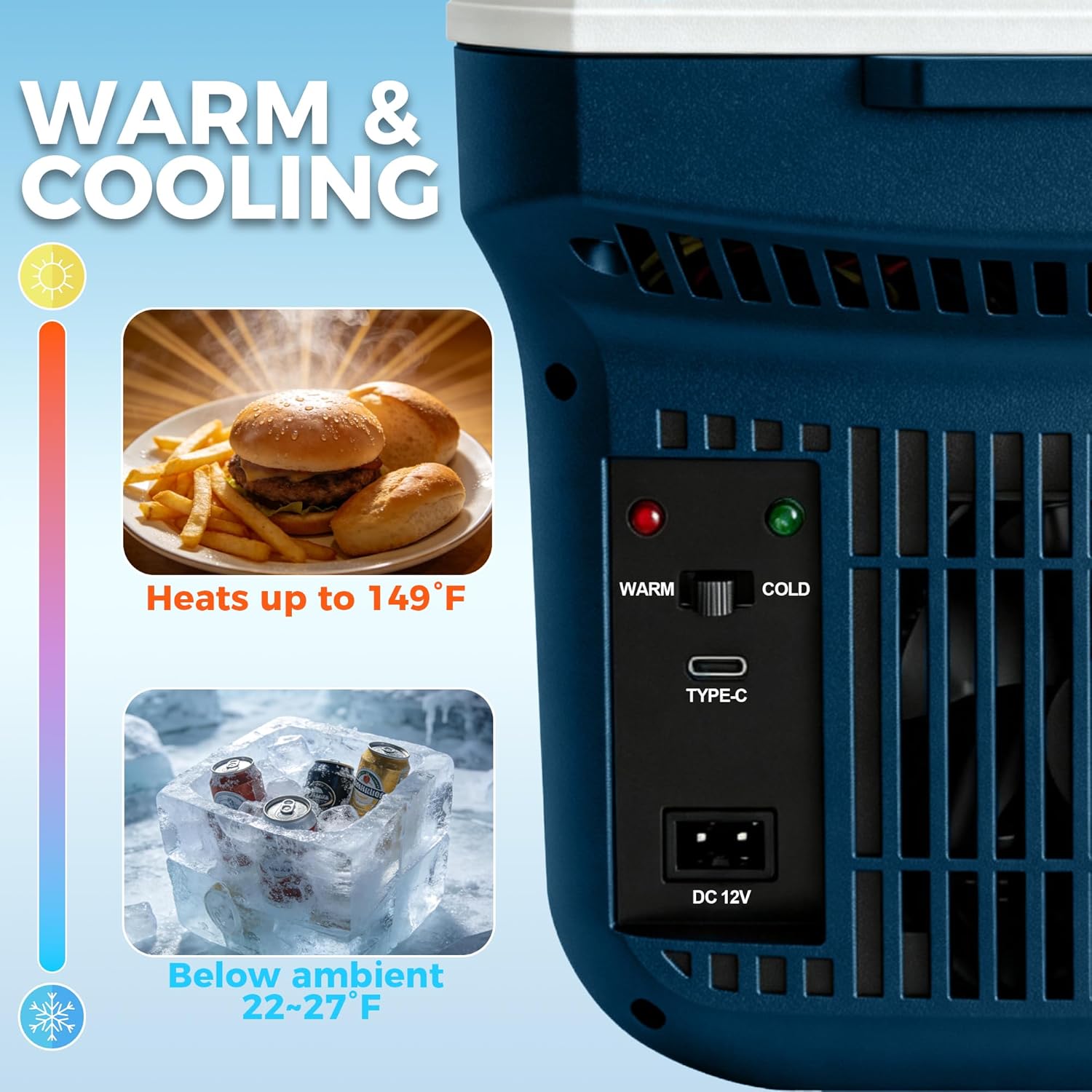 Iceblue Electric Cooler with Type-C, 8 Liter /11 Cans Mini Fridge with Belt, 9V Type-C Thermoelectric Dual-use Car Refrigerator, Car Fridge for Car, Dorm, Travel, Picnic, Gift (Blue)