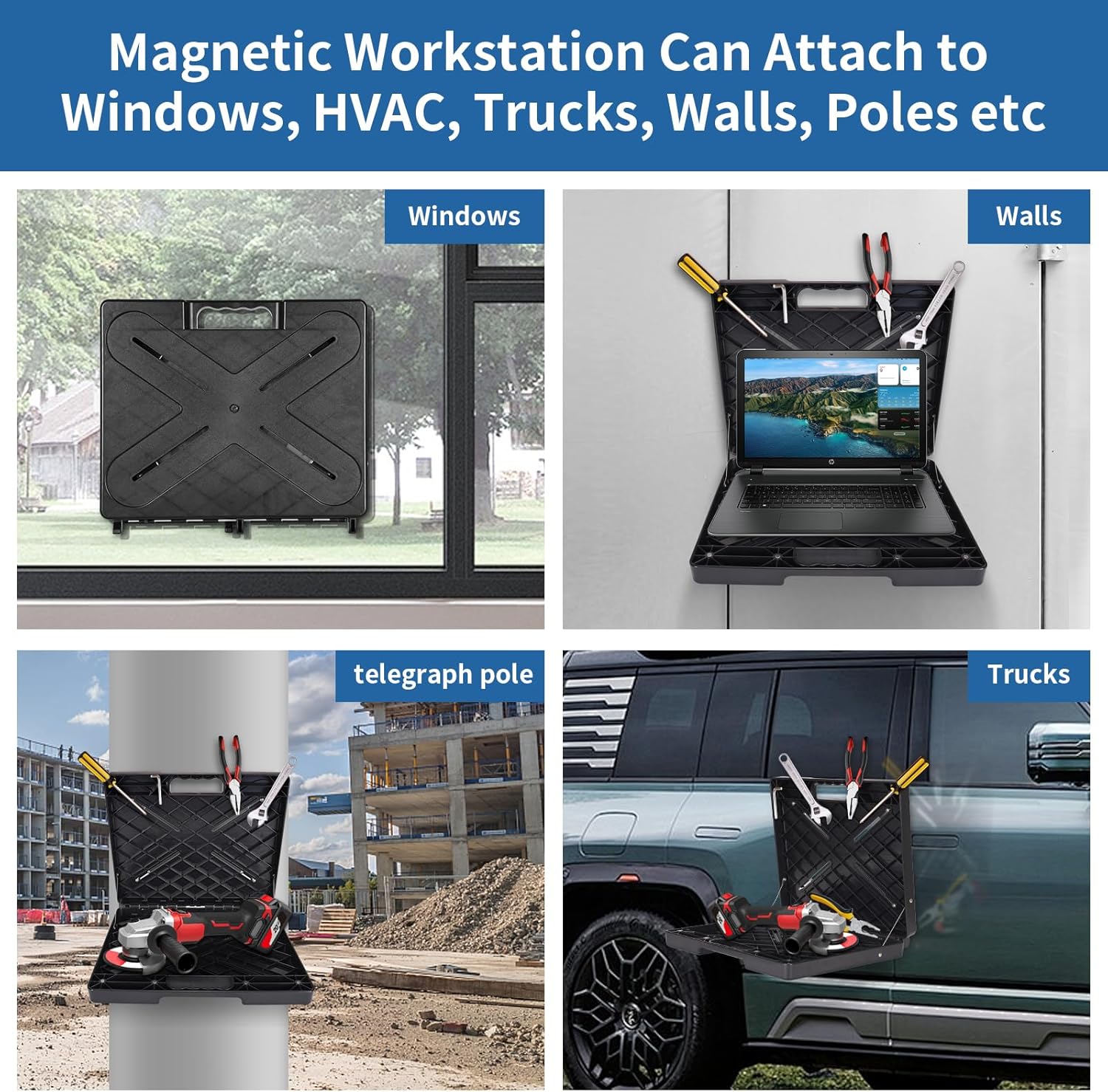 Magnetic Toolbox, Magnetic Laptop Stand Portable Workstation with Magnets, Rated at 45 Pounds Hands-Free Utility Shelf for Attaches to Flat Steel Surface HVAC, Trucks, Walls, Poles etc