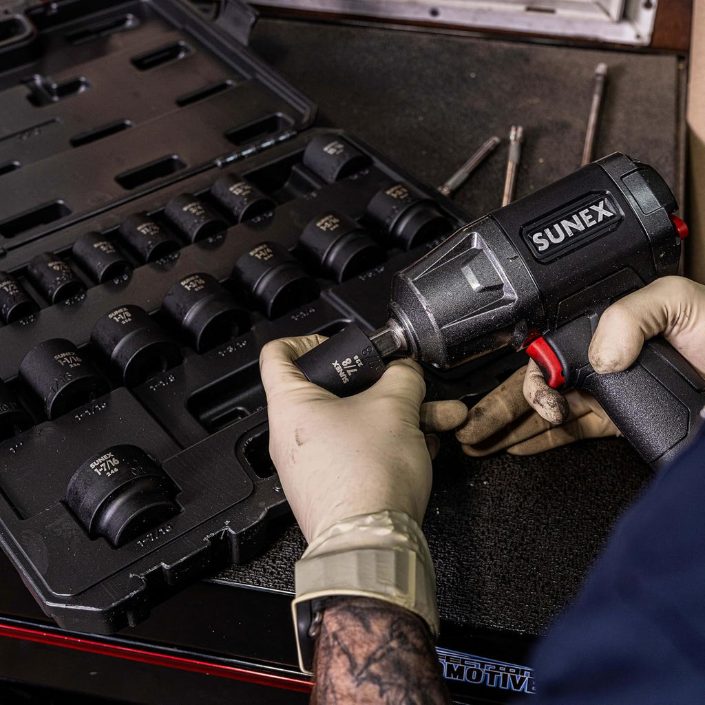 SUNEX TOOLS 2640, 1/2 Inch Drive Impact Socket Set, 19-Piece, SAE, 3/8 Inch – 1-1/2 Inch, Cr-Mo Alloy Steel, Radius Corner Design, Dual Size Markings, Heavy Duty Storage Case, Meets ANSI Standards