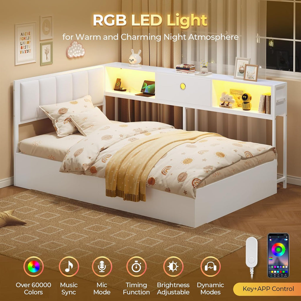 Hasuit Corner Twin Lift Up Storage Bed Frame with Charging Station & LED Lights, Twin Day Bed with Upholstered Headboard and Bookcase, Corner Beds with Hydraulic for Kids Teens Guests, White
