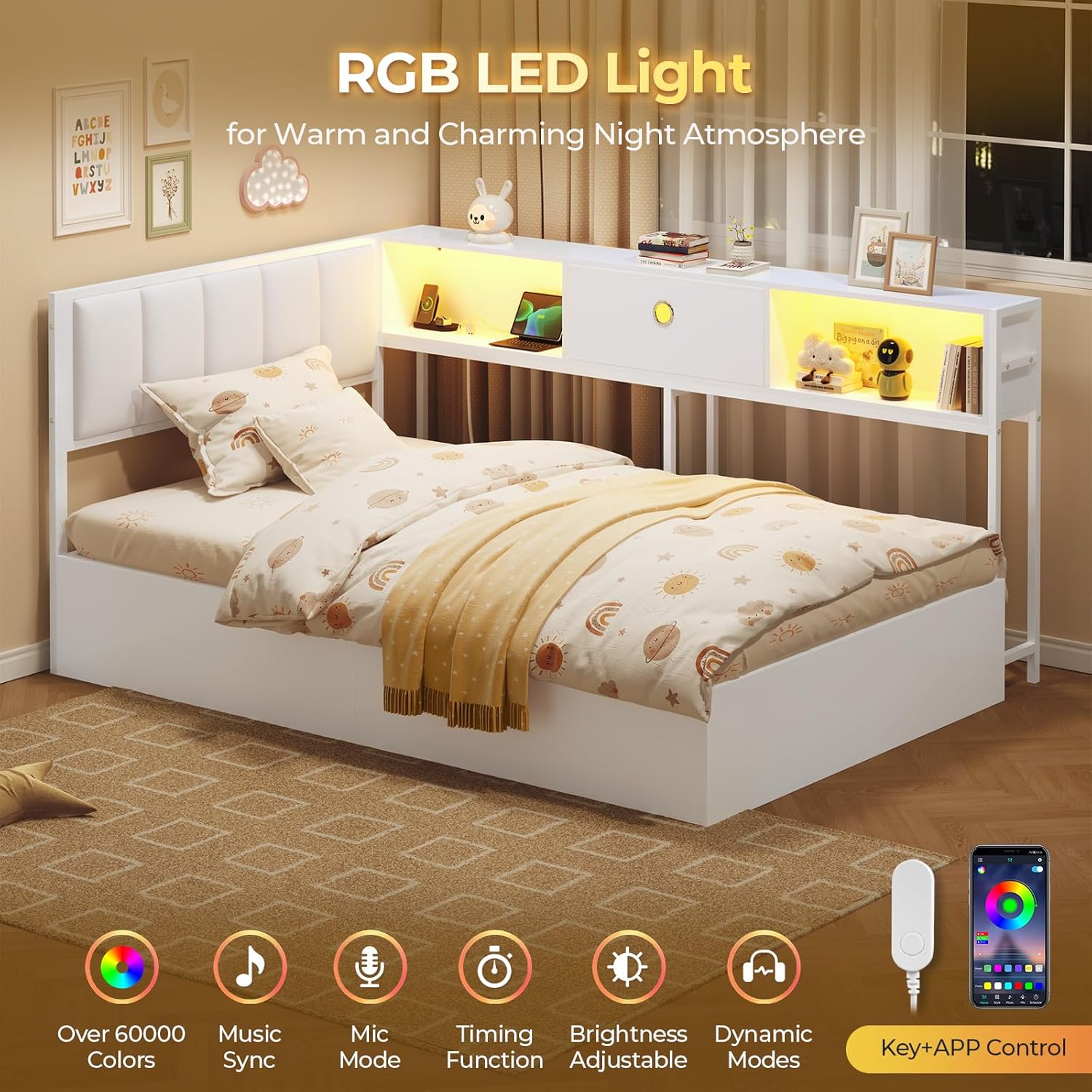 Hasuit Corner Twin Lift Up Storage Bed Frame with Charging Station & LED Lights, Twin Day Bed with Upholstered Headboard and Bookcase, Corner Beds with Hydraulic for Kids Teens Guests, White