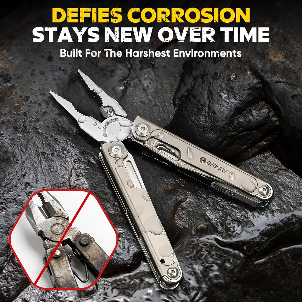 BIBURY Titanium Alloy Multitool with Damascus Knife, EDC Multi tools with Replaceable Wire Cutters, Scissors, Screwdriver Bits, Titanium Handle Multi-Tool for Camping, Survival, Repair - BI2049TI