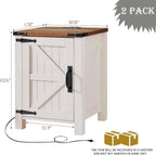 OKD Farmhouse Nightstand Set of 2 with Charging Station, 18 Inch Rustic End Table with Barn Door Cabinet, Adjustable Storage Shelf, Wood Sofa Side Table for Living Room, Bedroom, Antique White