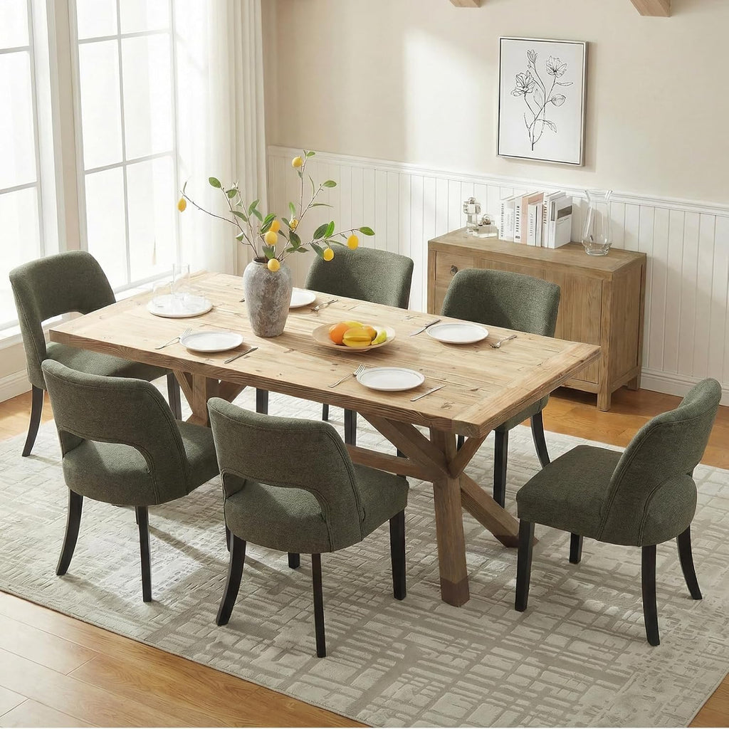 keoni Wooden Dining Chairs Set of 4, Mid Century Modern Upholstered Dining Room Chairs with Black Wood Legs, Fabric Farmhouse Kitchen Chairs with Foot Pegs for Dining Room, Green
