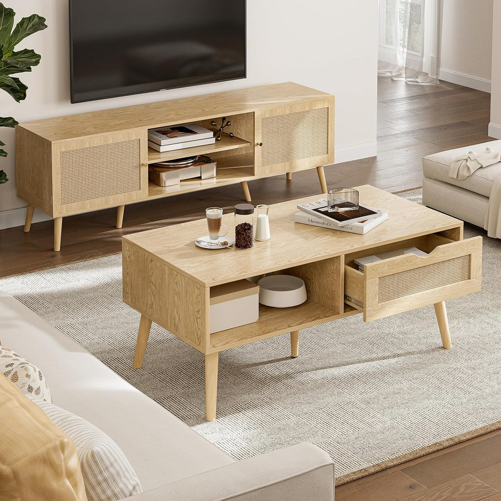 ZttRiee Coffee Table with Storage, Boho Dining Table with Rattan Drawer and Solid Wood Legs, Small Coffee Tables for Living Room, Oak