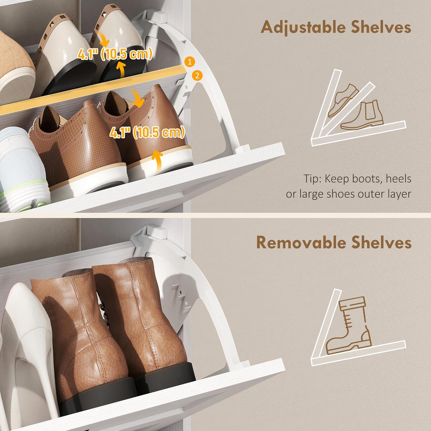 HOMCOM Shoe Cabinet with 2 Flip Drawers, Narrow Shoe Storage Cabinet with Adjustable Shelves and Open Shelf, Farmhouse Storage Organizer for Entryway, Hallway, Holds 12-16 Pairs, White