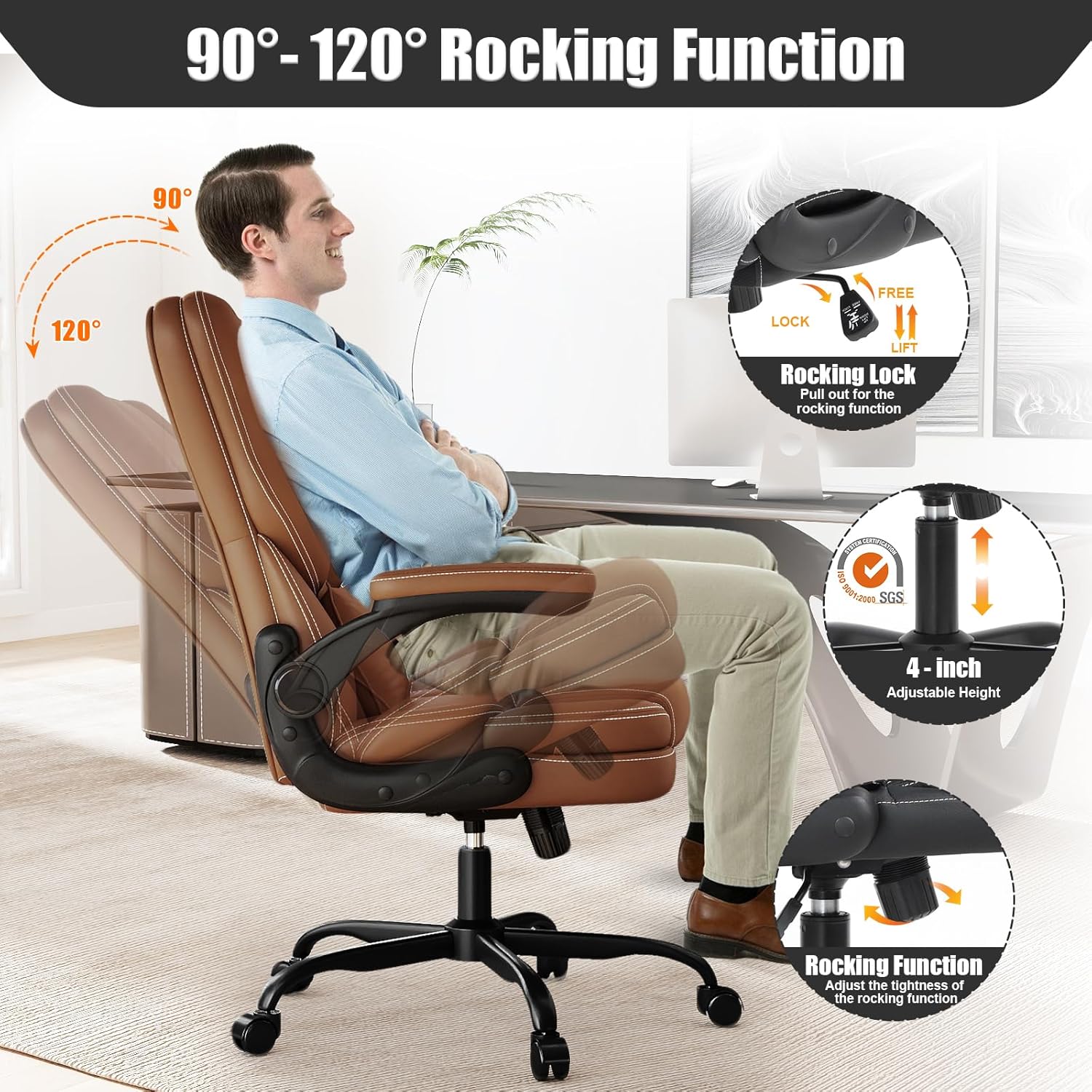 Ergonomic Office Chair with Flip-up Armrests 300lbs,Middle- Tall Computer Office Desk Chair with Lumbar Support,Executive PU Leather Chair with Rocking Function Adjustable Height for Home Office