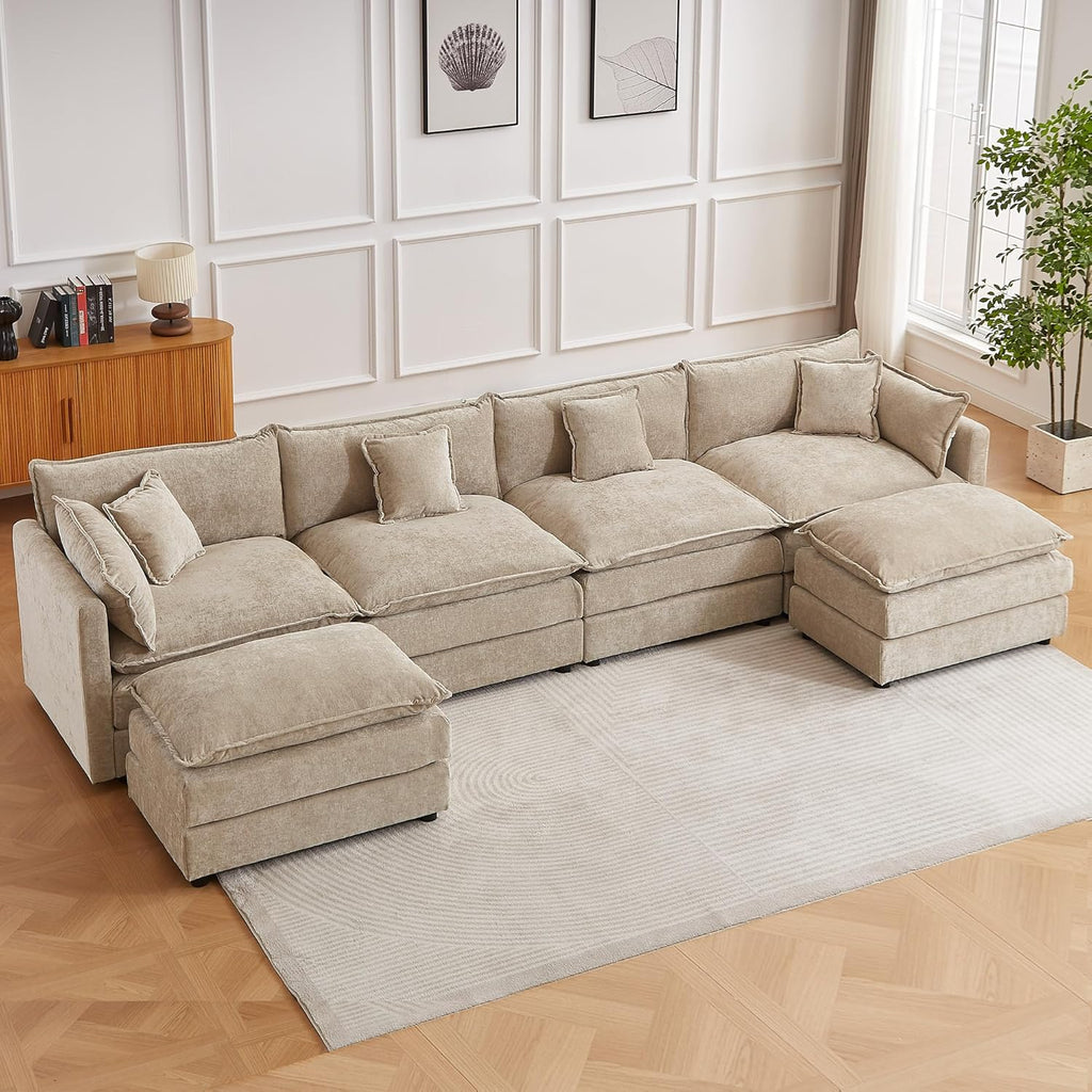 Modular Sectional Sofa, 147.2 Inch U Shaped Couch Set with Armrests, 4-Seater Comfy Cloud Couches with Movable Ottoman for Living Room Apartment, Coffee