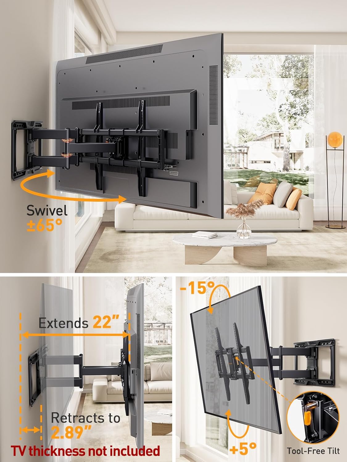 Perlegear UL-Listed Full Motion TV Wall Mount for 42–90 Inch TVs up to 150 lbs, Pre-Assembled TV Mount with Tool-Free Tilt, Swivel, Extension, Max VESA 600 x 400mm, 12″/16″/18″/24″ Wood Studs, PGLF16