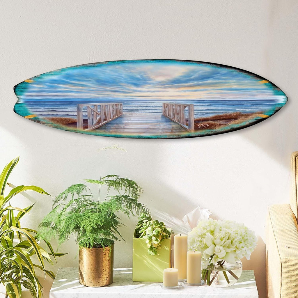 48-inch Wooden Pier Surfboard Wall Art, Handcrafted Coastal Holiday Décor by G. Debrekht