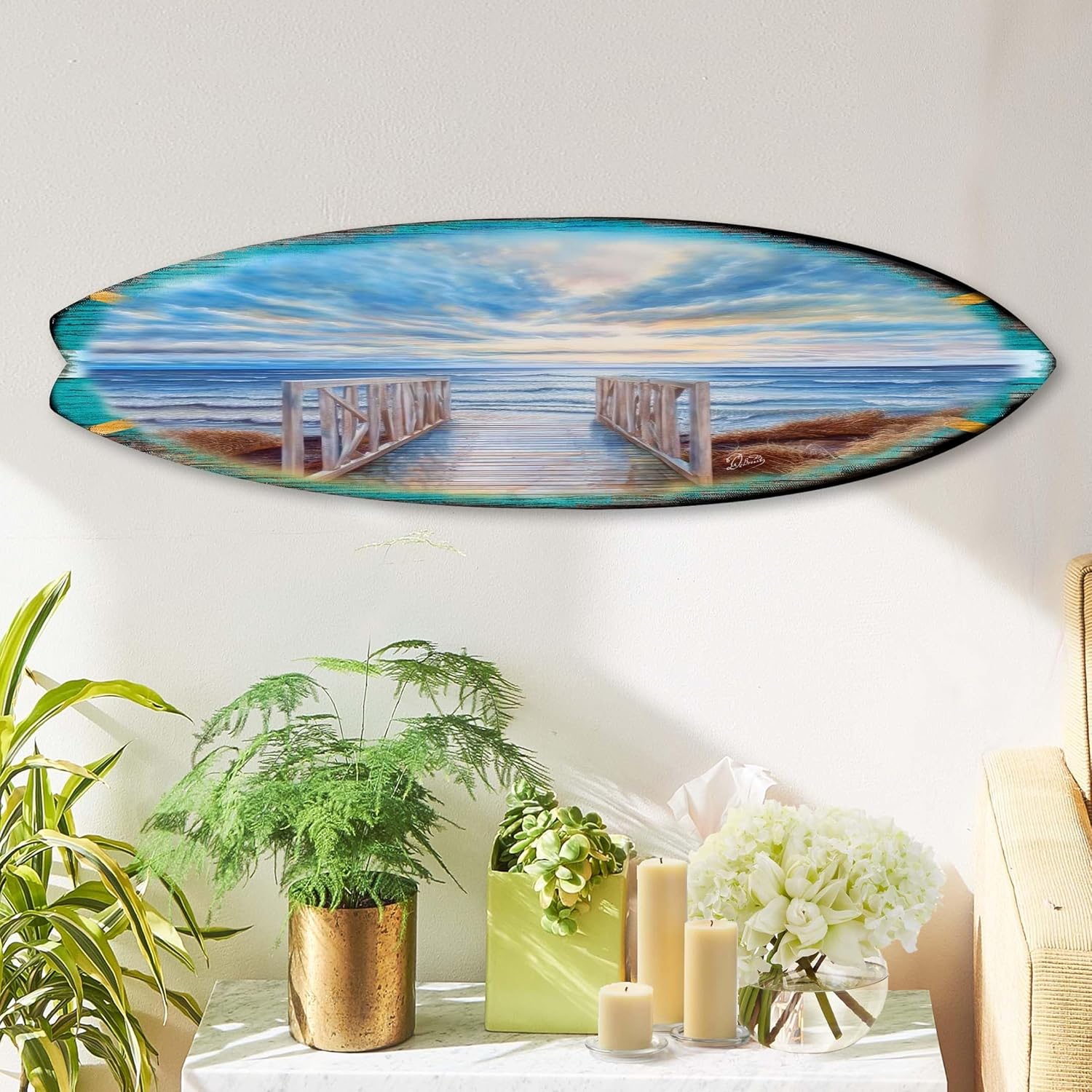 48-inch Wooden Pier Surfboard Wall Art, Handcrafted Coastal Holiday Décor by G. Debrekht