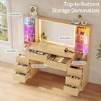 Big Vanity, Fluted Wood Makeup Vanity Desk with Mirror and Sound Sync LED Lights, Large Vanity Dressing Table, 8 Drawers, Charging Station for Girls, Women (Oak, 59.1" Width)