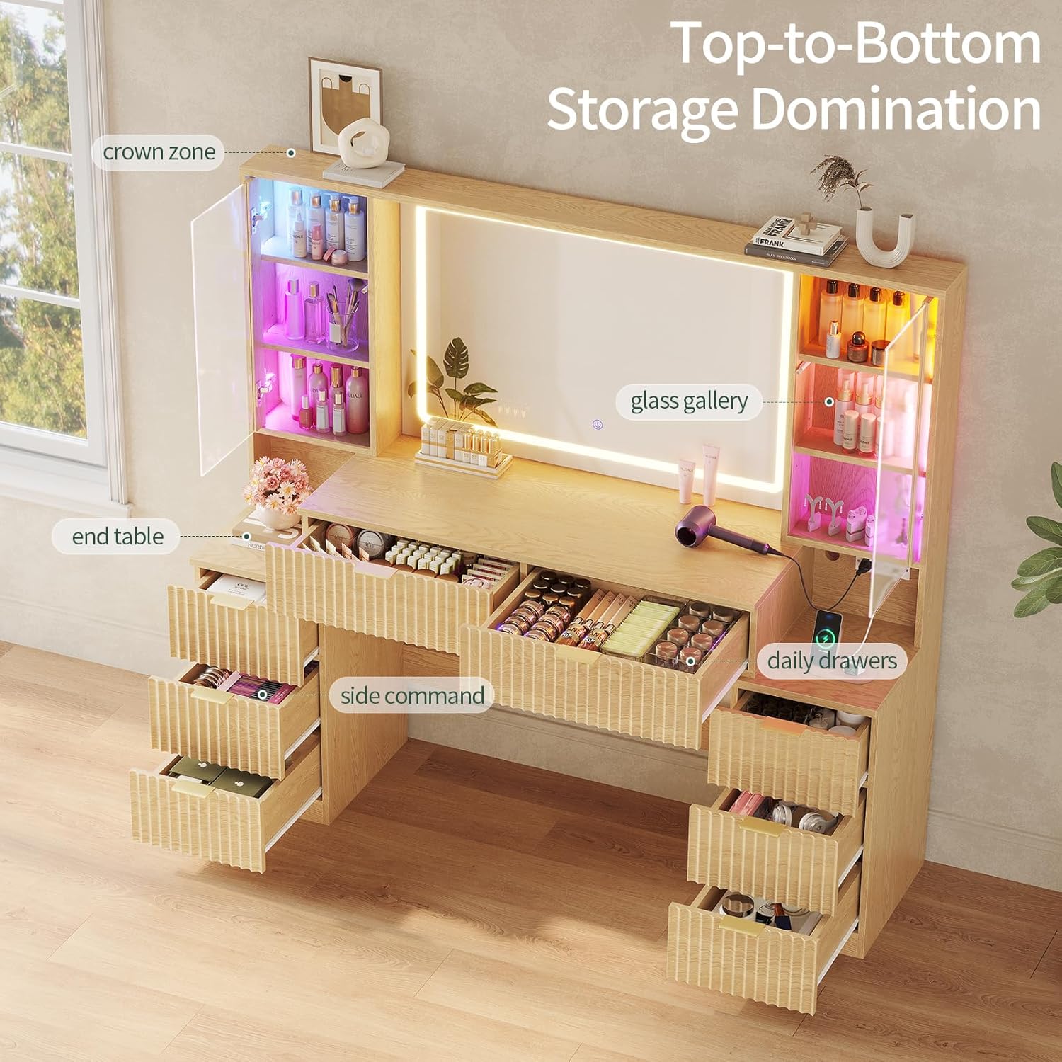 Big Vanity, Fluted Wood Makeup Vanity Desk with Mirror and Sound Sync LED Lights, Large Vanity Dressing Table, 8 Drawers, Charging Station for Girls, Women (Oak, 59.1" Width)
