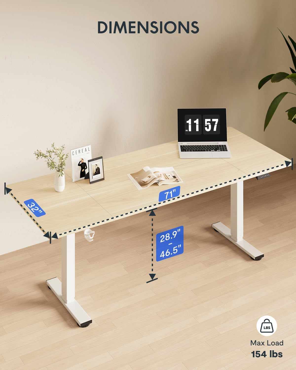 FLEXISPOT 71x32 Inch Electric Large Standing Desk for Home & Office, Spacious Splice Board Desk with Cable Management & Organizer, Cup Holder & Hook, White Wood Grain
