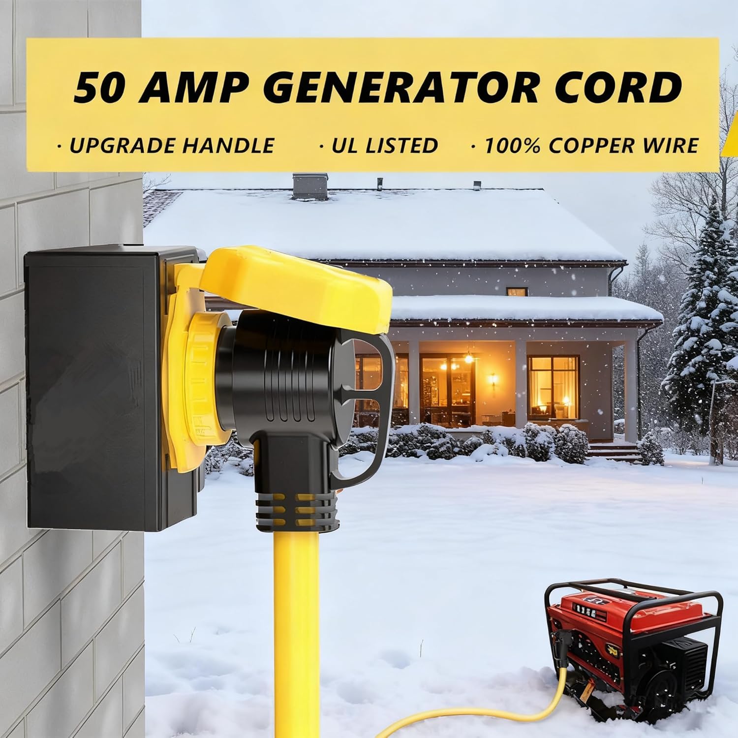 50 Feet 50 Amp RV/Generator Cord  UL Listed  100% Copper Wire  NEMA 14-50P to SS2-50R Twist Lock  Newly Designed 90°Grip Handle  6/3+8/1 Gauge STW Wire