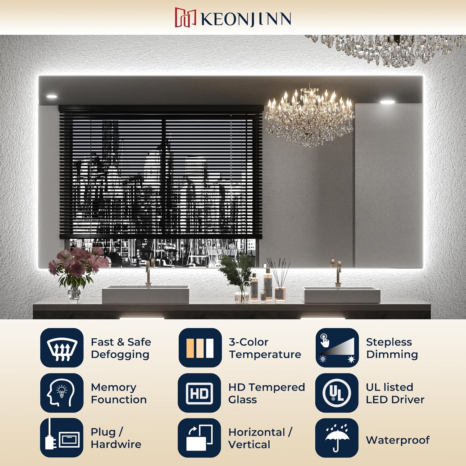 Keonjinn 60" x 36: Lighted Bathroom Mirror, Large LED Backlit Miroor, 3 Colors Lights Warm/Natural/White, HD Tempered Glass, Safe Anti-Fog, Dimmable, Oversinzed LED Bathroom Mirrors