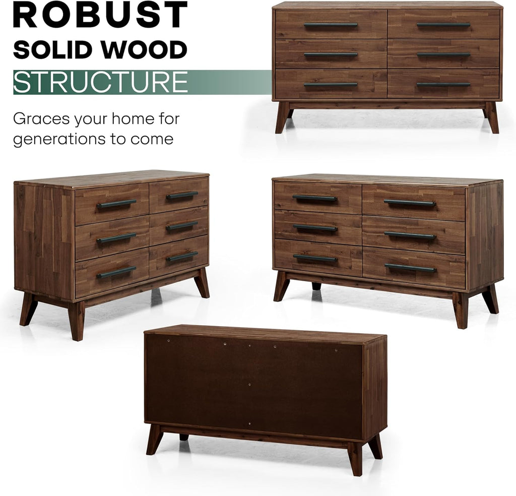 Acacia Legacy Dresser for Bedroom with 6 Drawers, Solid Wood Double Dresser for Bedroom, Living Room, Hallway, Walnut