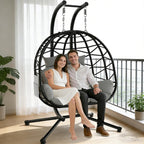 Suteck Double Hanging Egg Chair with Stand, Outdoor Indoor 2 Person Wicker Egg Swing Chair with Cushion, 700lbs Capacity for Patio, Bedroom, Garden - Black