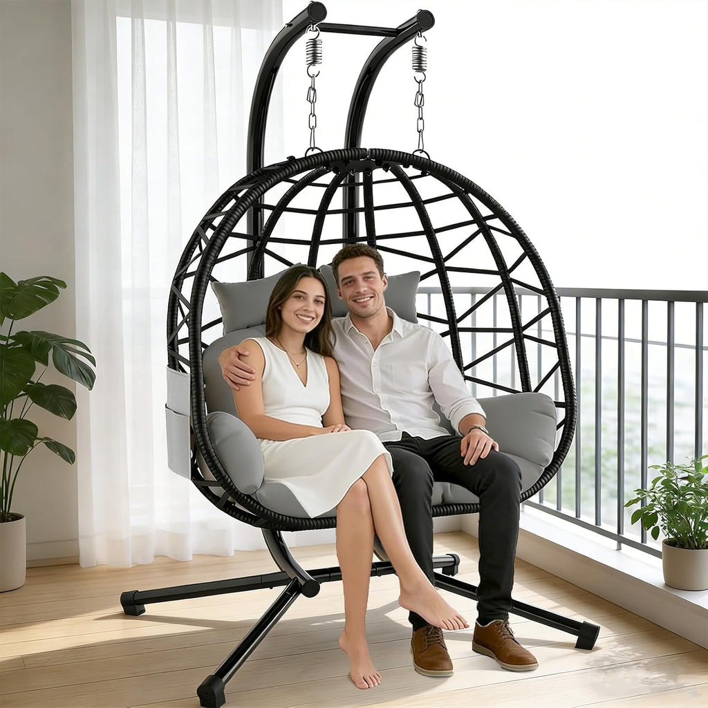 Suteck Double Hanging Egg Chair with Stand, Outdoor Indoor 2 Person Wicker Egg Swing Chair with Cushion, 700lbs Capacity for Patio, Bedroom, Garden - Black