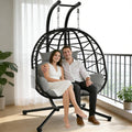 Suteck Double Hanging Egg Chair with Stand, Outdoor Indoor 2 Person Wicker Egg Swing Chair with Cushion, 700lbs Capacity for Patio, Bedroom, Garden - Black
