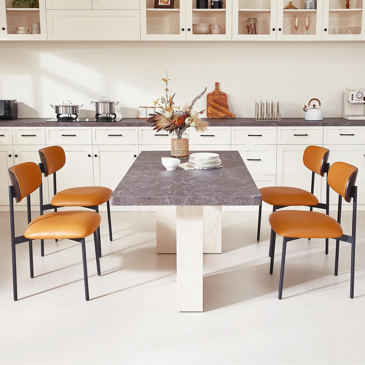 Brown Faux Leather Dining Chairs Set of 4, Armless Upholstered Kitchen Chairs with Wood Grain Back, Modern Dining Room Chairs with Curved Backrest & Black Metal Legs