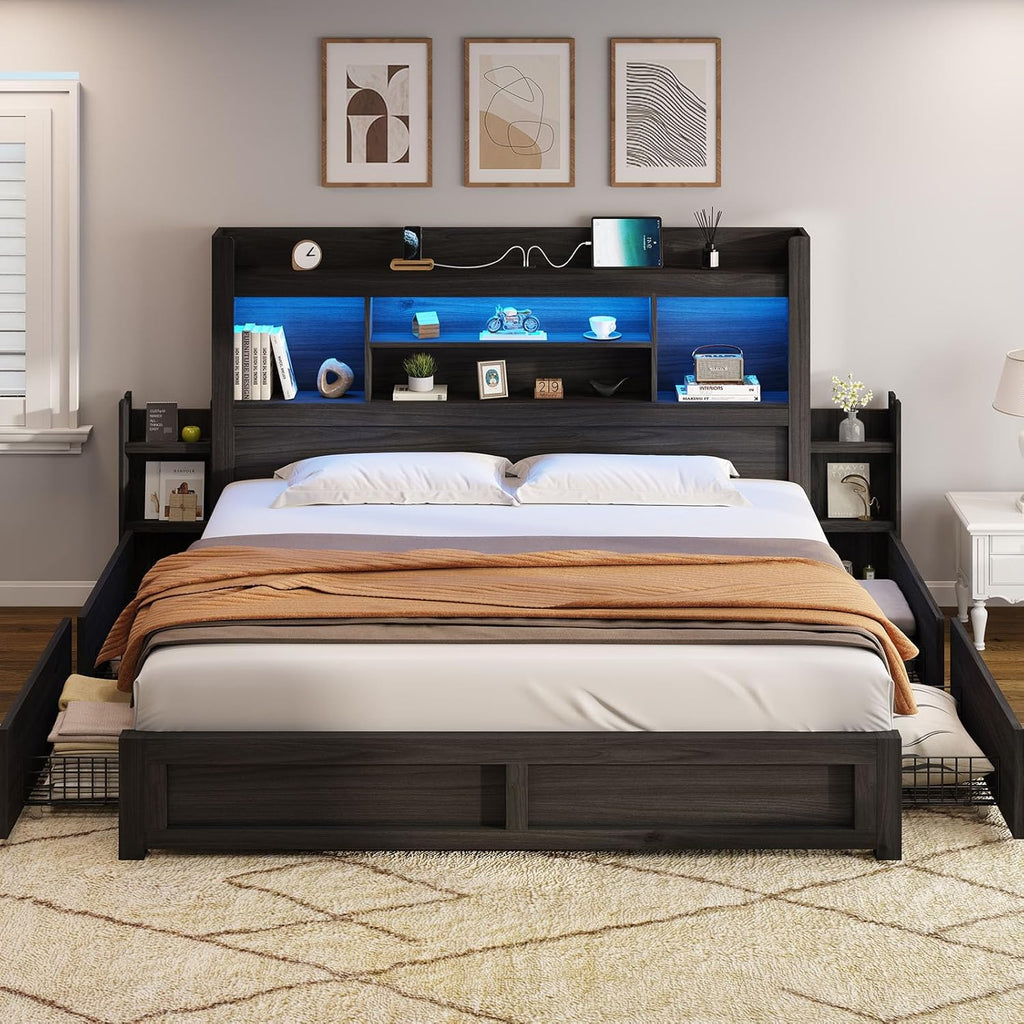 AMERLIFE King Size Bed Frame with 4 Storage Drawers, LED Bed Frame with 49.6" Tall Bookcase Headboard, Wood Platform Bed with Charging Station & 2 Slide Bedside Shelf, No Box Spring Needed/Black