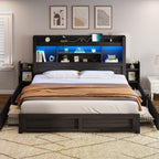 AMERLIFE King Size Bed Frame with 4 Storage Drawers, LED Bed Frame with 49.6" Tall Bookcase Headboard, Wood Platform Bed with Charging Station & 2 Slide Bedside Shelf, No Box Spring Needed/Black