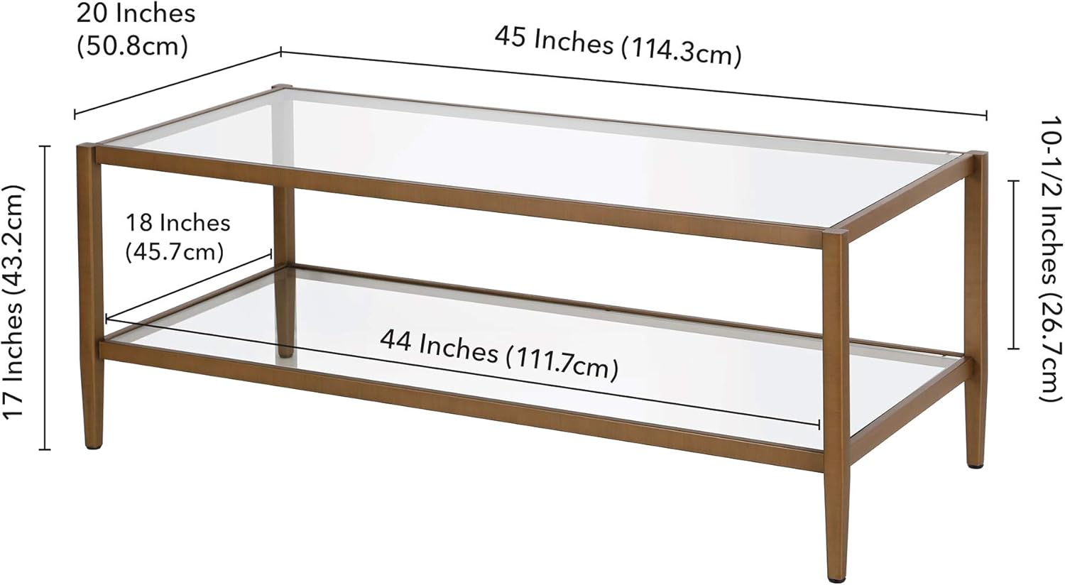 Henn&Hart 45" Wide Rectangular Coffee Table with Glass Shelf in Antique Brass, Coffee Table coffee tables for living room, studio apartment essentials