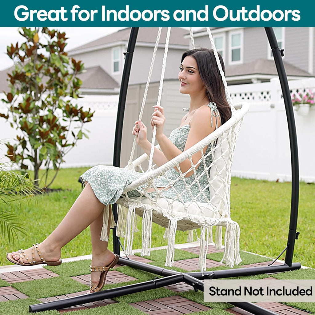 JoyView Macrame Hammock Chair Hanging Swing Chair Max 330 Lbs with 2 Cushions and Hardware Kits for Indoor Outdoor Bedroom Patio Garden - Dark Grey