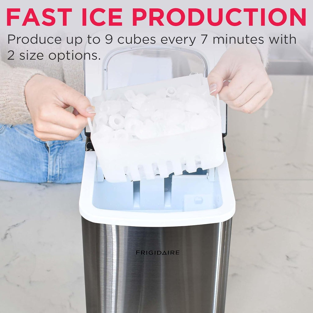 Frigidaire Compact Countertop Ice Maker, Makes 26 Lbs. of Bullet Shaped Ice Cubes Per Day, Silver Stainless