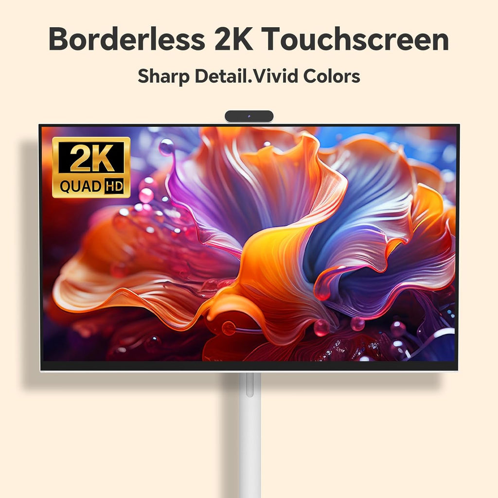 32" 2K Smart Portable TV  Rolling Android Tablet on Wheels  Touchscreen Monitor  Rechargeable Battery  Full Swivel Rotation  20W Audio Snap-on Camera